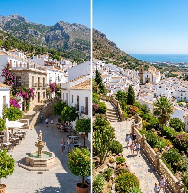 Vistas de las calles blancas, la Plaza de España y el entorno tradicional de Benalmádena Pueblo